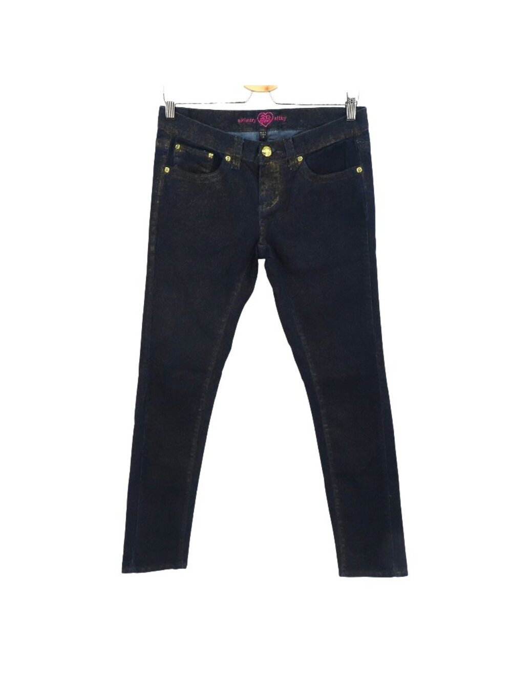2B Bebe Womens 28 Skinny Kitty Dark Blue Metallic Gold Low Rise Denim Jeans